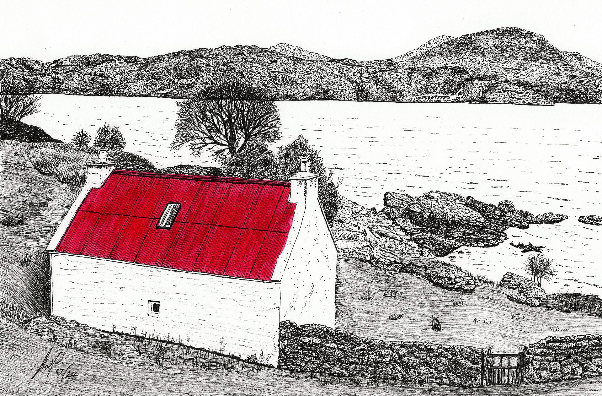 Cottage by the Lake A Pen drawing of a red roofed cottage beside a lake