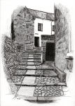 A pen and ink drawing of cobbled steps